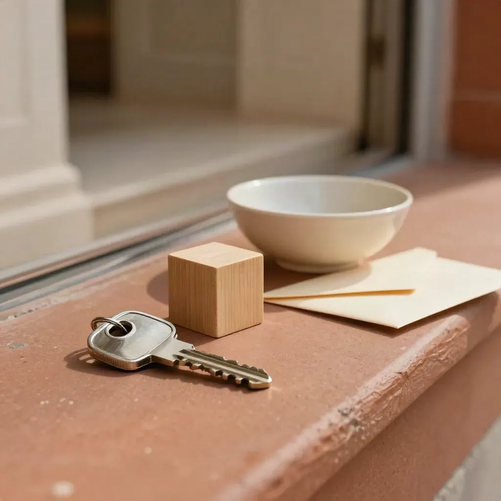 Sleutel, houten blok, ringenschaaltje en gesloten envelop op een terracottalijst.