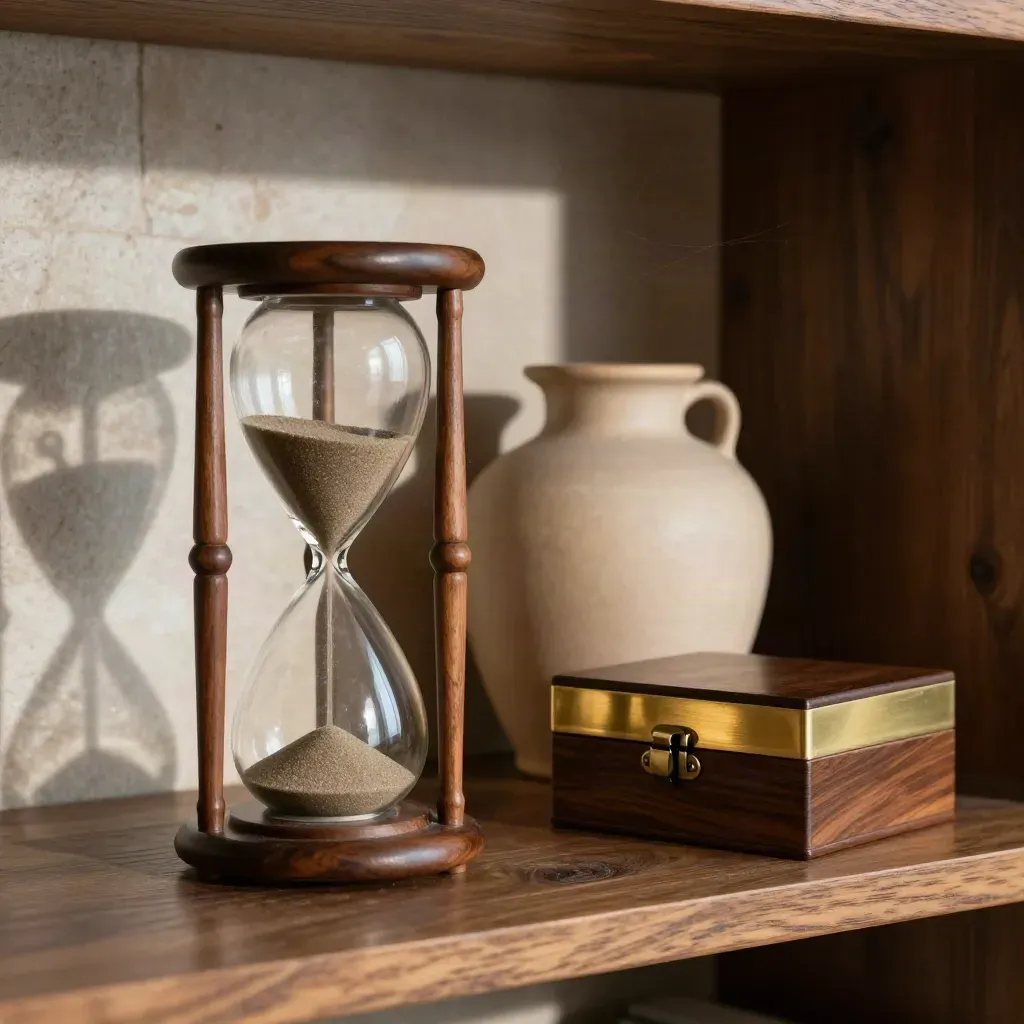 Antieke zandloper, keramische vaas en walnoten doos op een houten plank met warm goud licht