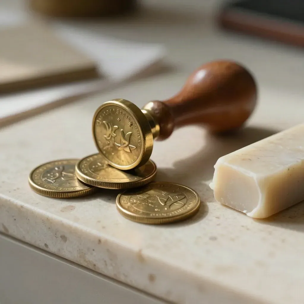 Brass munten, zegelstempel en stenen zegelblok in warm macrolicht