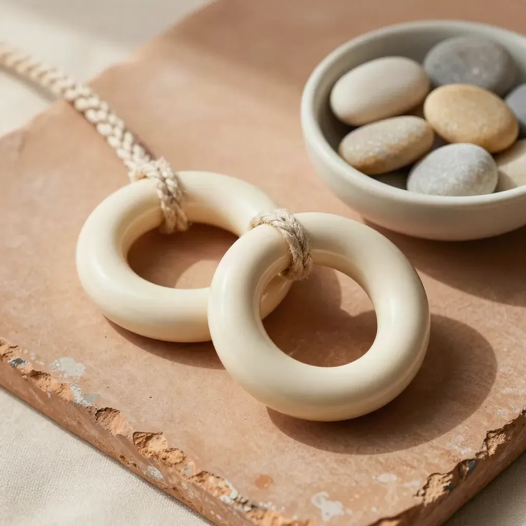 Twee keramische ringen met gevlochten koord en rivierstenen op een terracotta ondergrond.