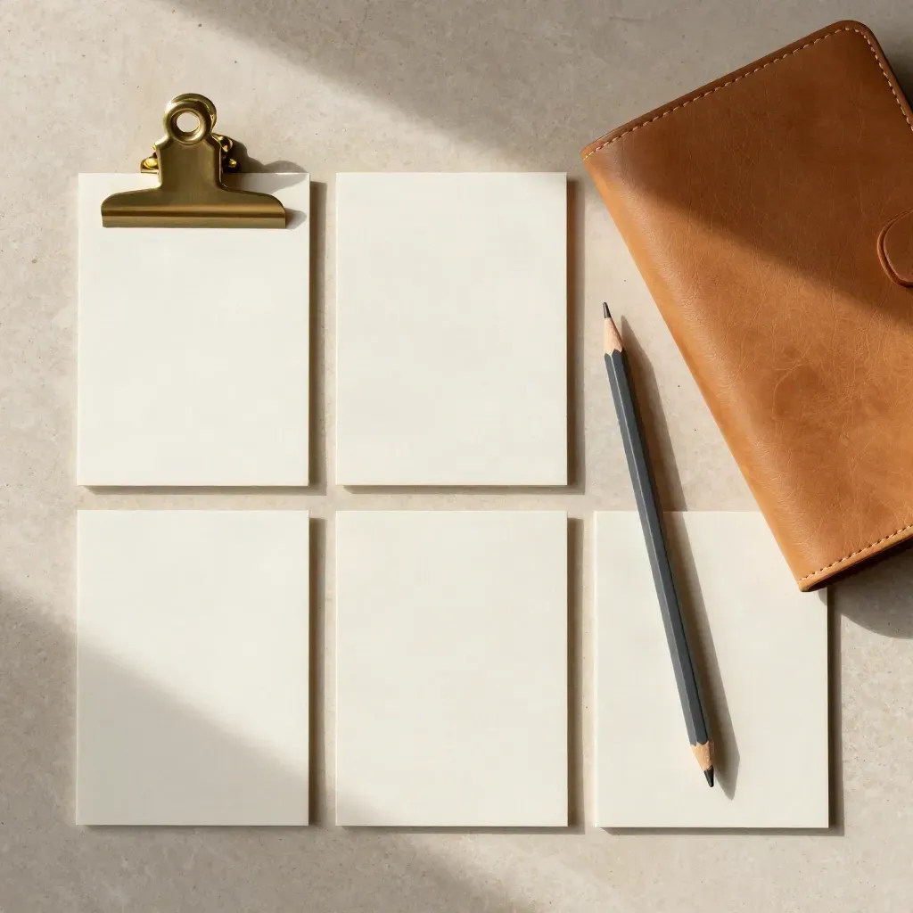 Overhead flatlay met creamkleurige kaarten, een messing clip, potlood en leren folio op lichte steen.