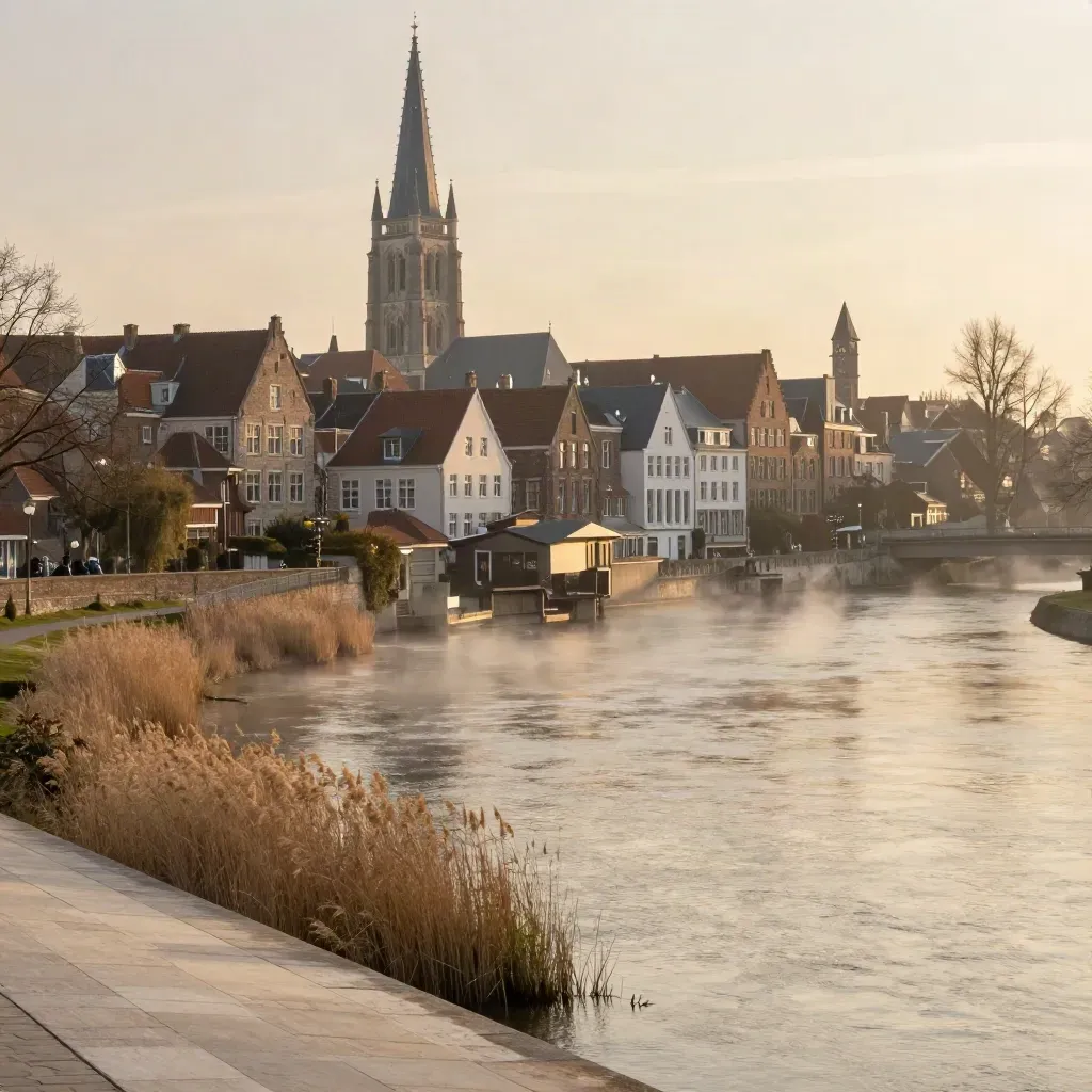 Utrecht met de Domtoren boven een stille rivier in warm gouden ochtendmist.