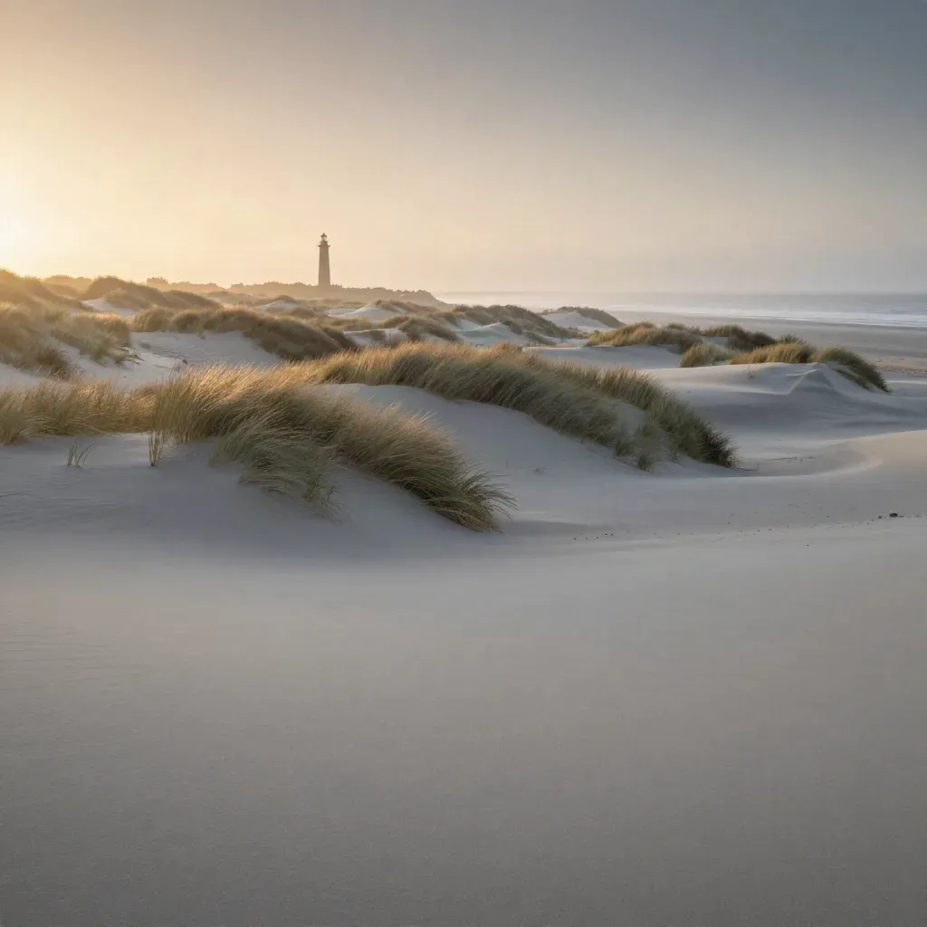 Duinen met vuurtoren aan zee bij zonsopkomst, met zachte mist en open zandvlakte.